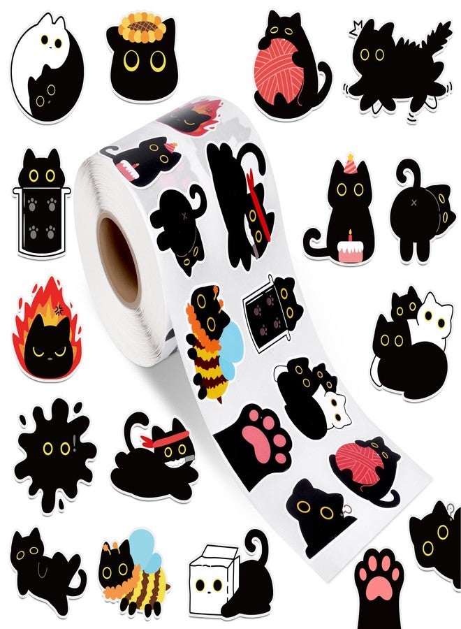 FVNPIHAM 1000Pcs Black Cat Stickers Rolls -16 Patterns Cute Cartoon Cat Stickers, Black Cat Gifts for Adults Kids, Teacher Reward Decals for Water Bottles Laptop Scrapbook - Image 1